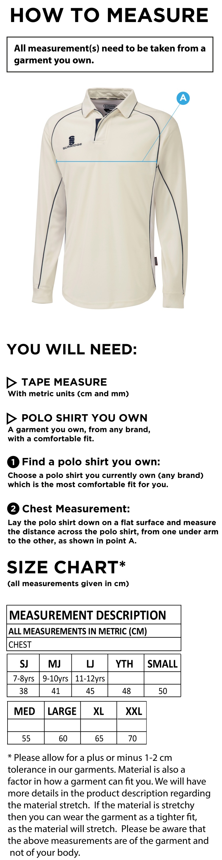 Buckie CC - Premier Long Sleeve Shirt - Size Guide