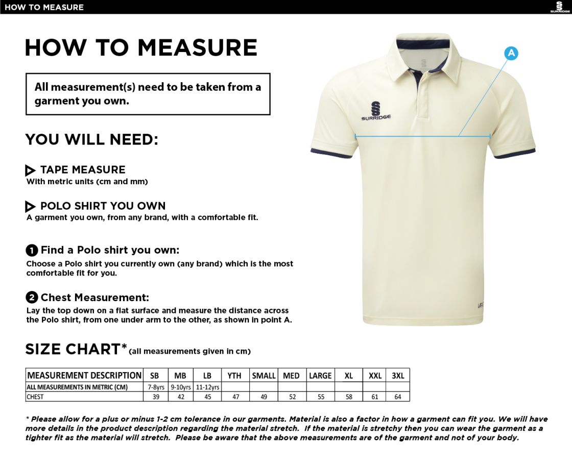 Buckie CC - Tek Short Sleeve Playing Shirt - Size Guide