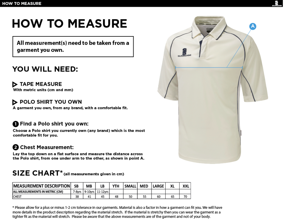 Buckie CC - Premier 3/4 Sleeve Shirt - Size Guide