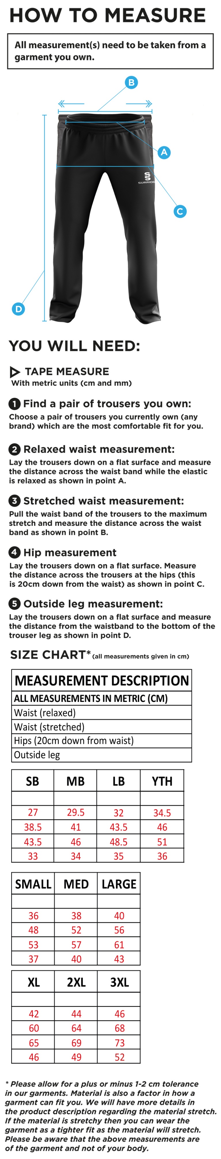 Buckie CC - Rip Stop Track Pant - Size Guide