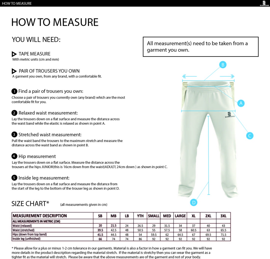Buckie CC - Pro Playing Trouser - Size Guide