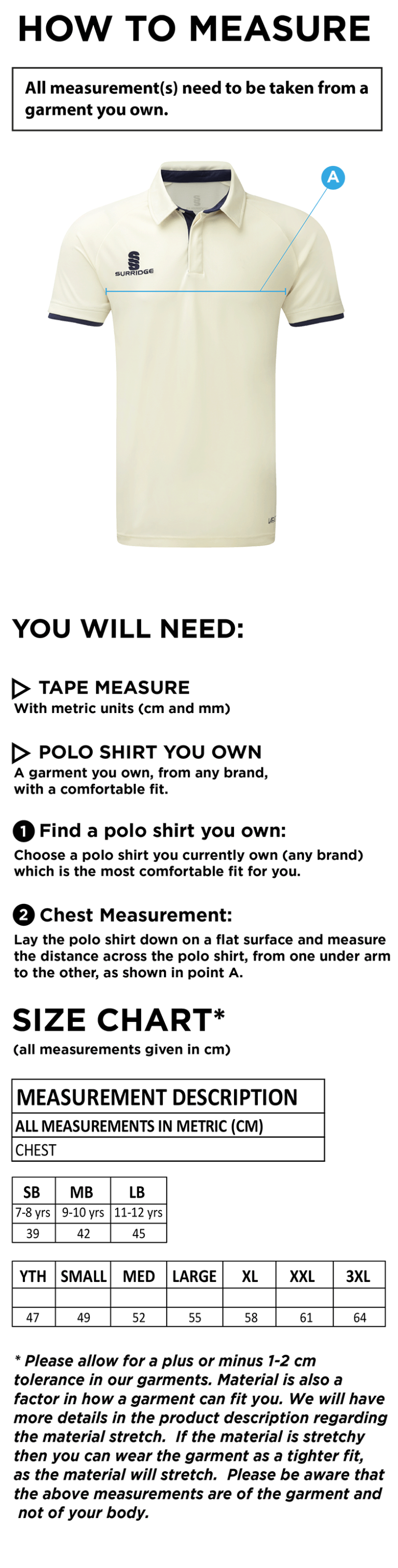 Buckie CC - Tek Short Sleeve Playing Shirt - Size Guide