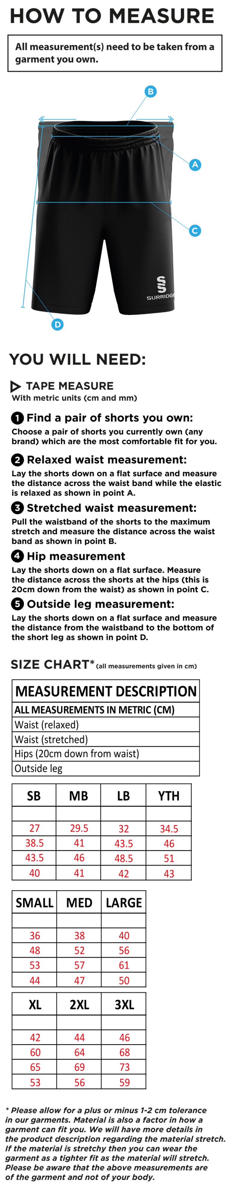 Buckie CC - Ripstop Pocketed Shorts - Size Guide