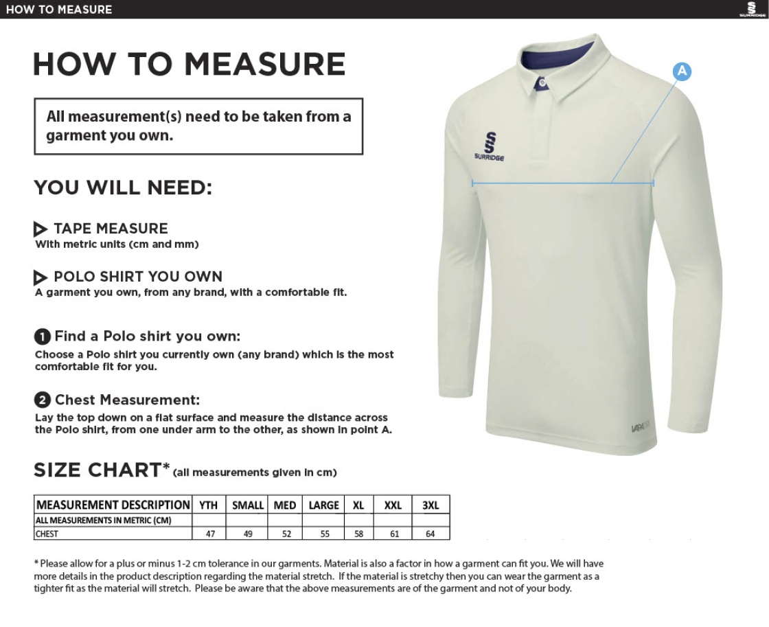 Buckie CC - Tek Long Sleeve Playing Shirt - Size Guide