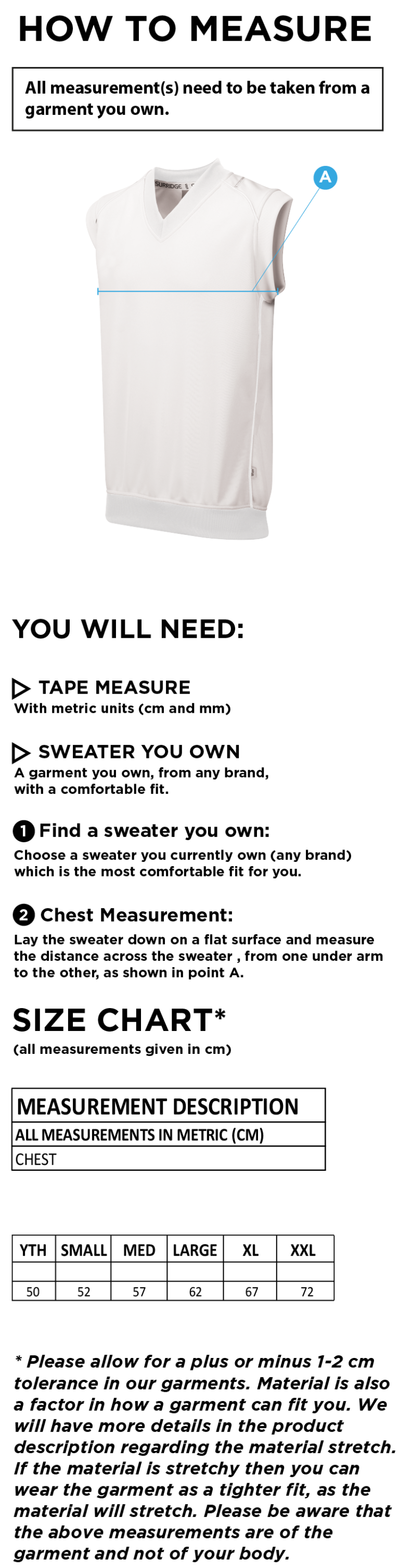 Buckie CC - Sleeveless Sweater - Size Guide