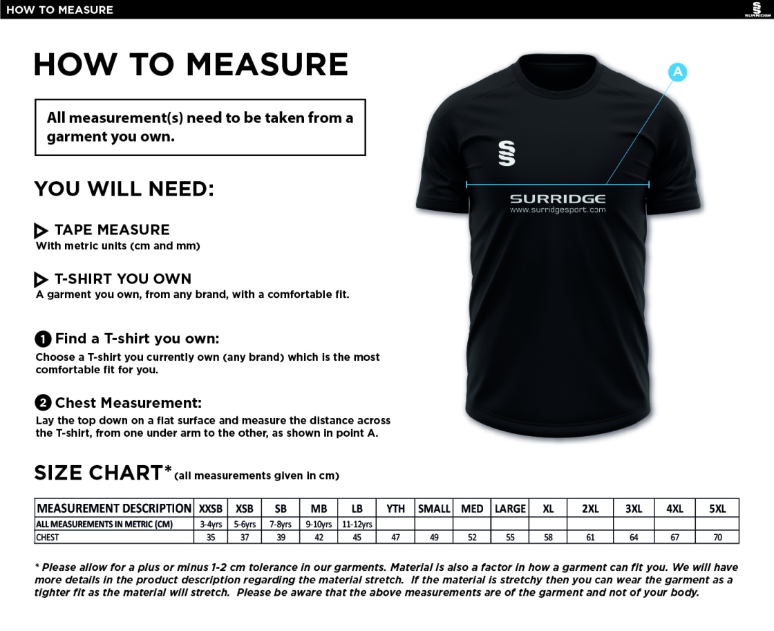 Buckie CC - Blade Training Shirt - Size Guide