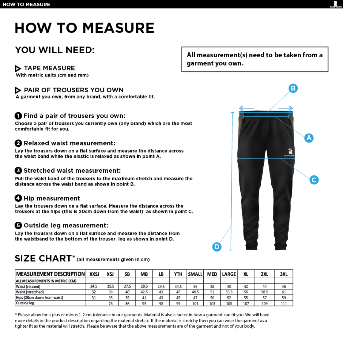 Buckie CC - Tek Slim Training Pants - Size Guide
