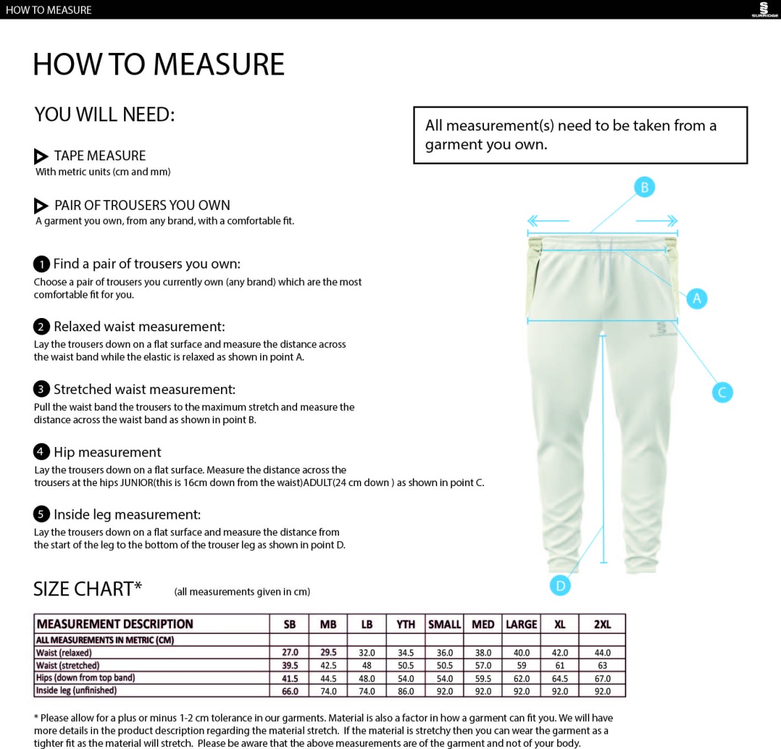 Buckie CC - Tek Playing Trouser - Size Guide