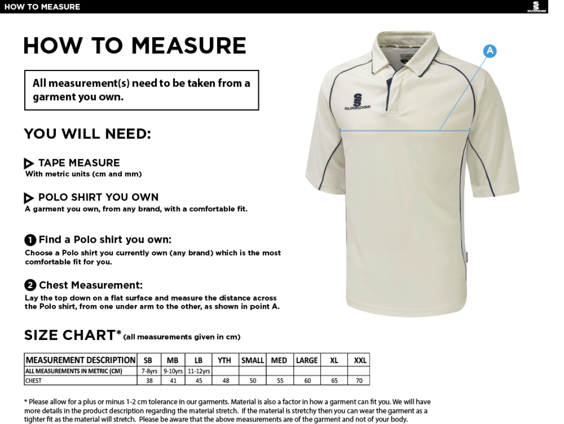 Buckie CC - Premier 3/4 Sleeve Shirt - Size Guide