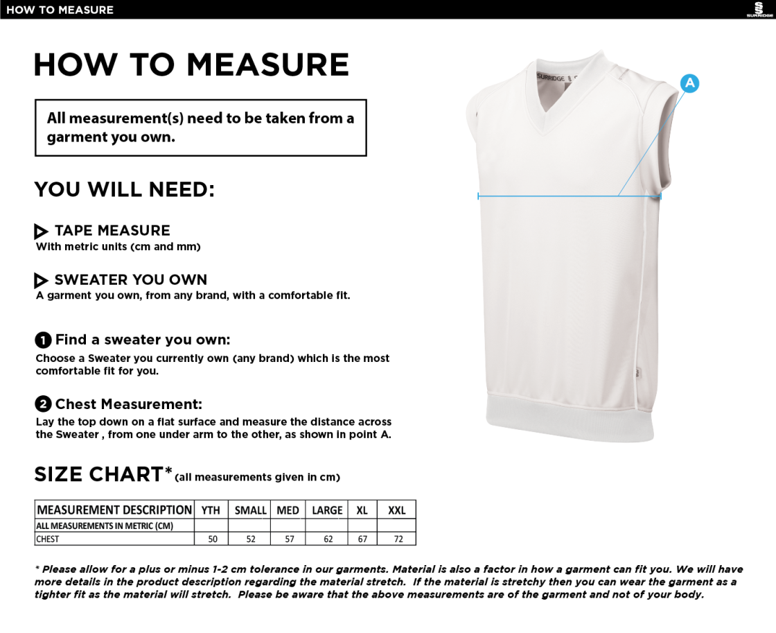 Buckie CC - Sleeveless Sweater - Size Guide