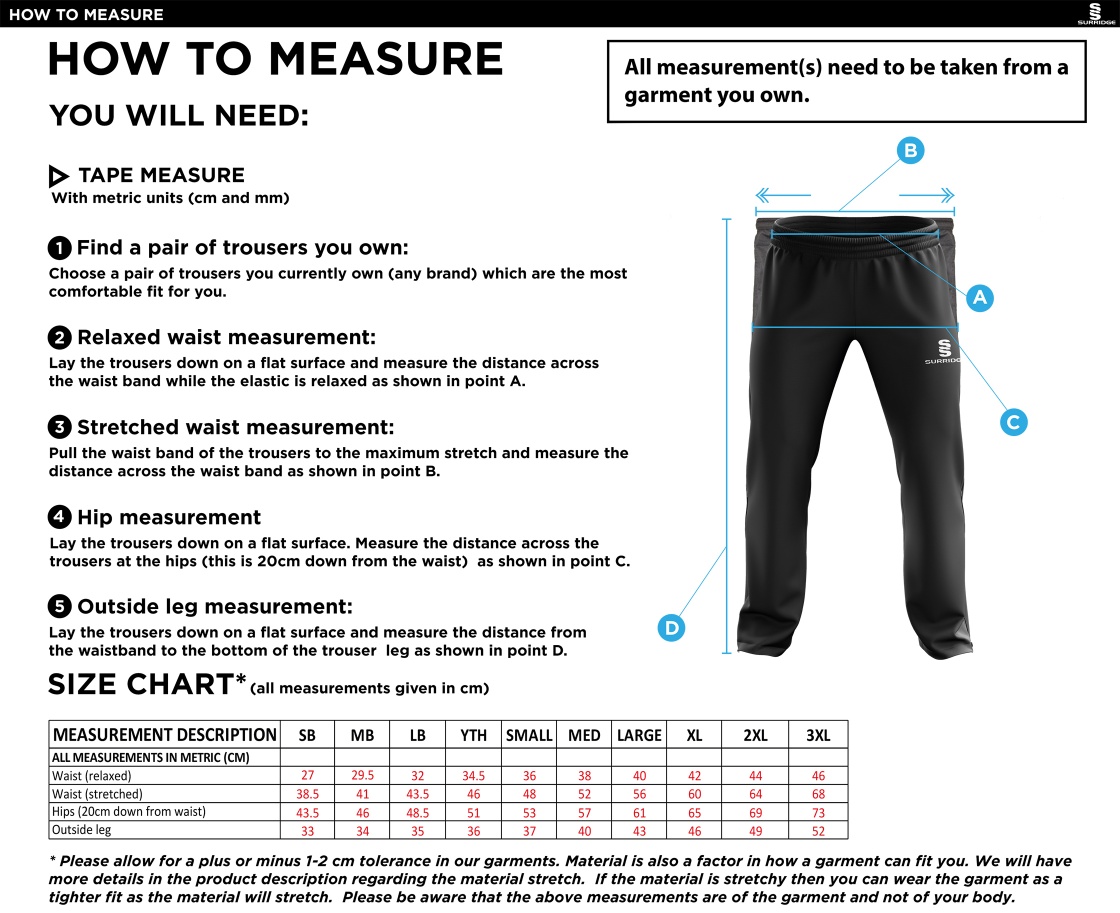 Buckie CC - Rip Stop Track Pant - Size Guide