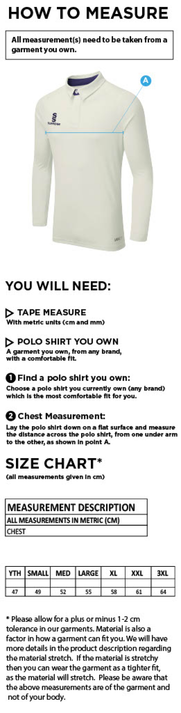 Buckie CC - Tek Long Sleeve Playing Shirt - Size Guide