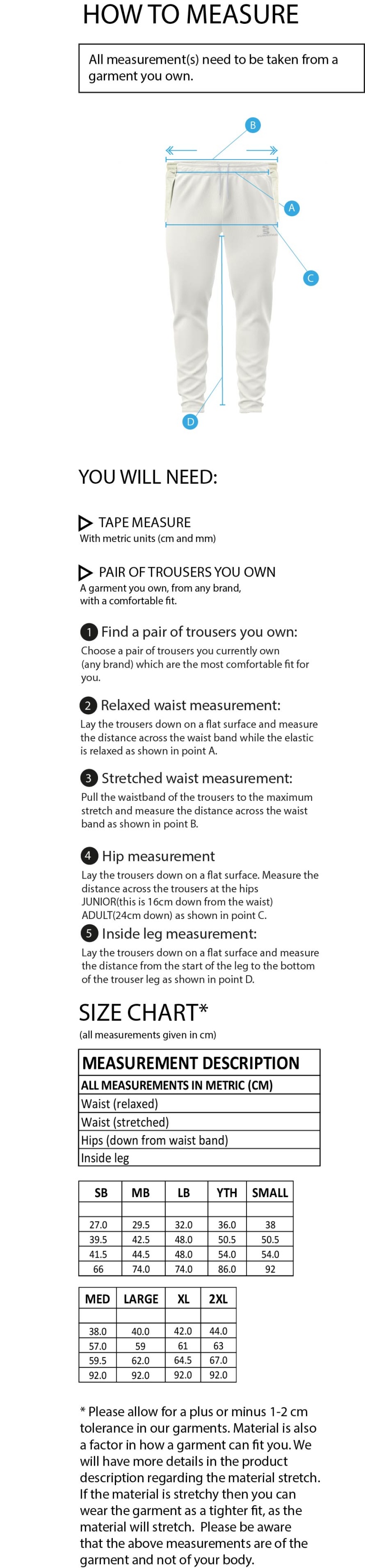 Buckie CC - Tek Playing Trouser - Size Guide