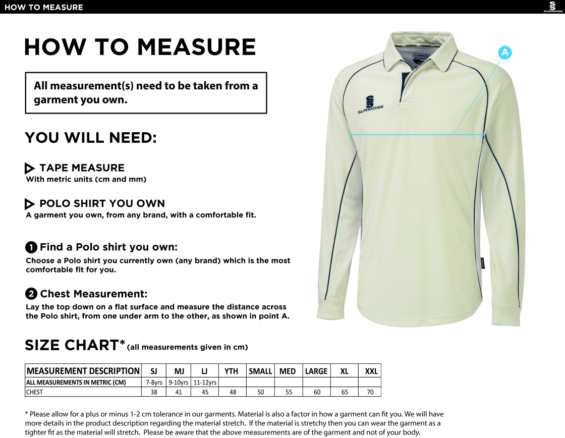 Buckie CC - Premier Long Sleeve Shirt - Size Guide