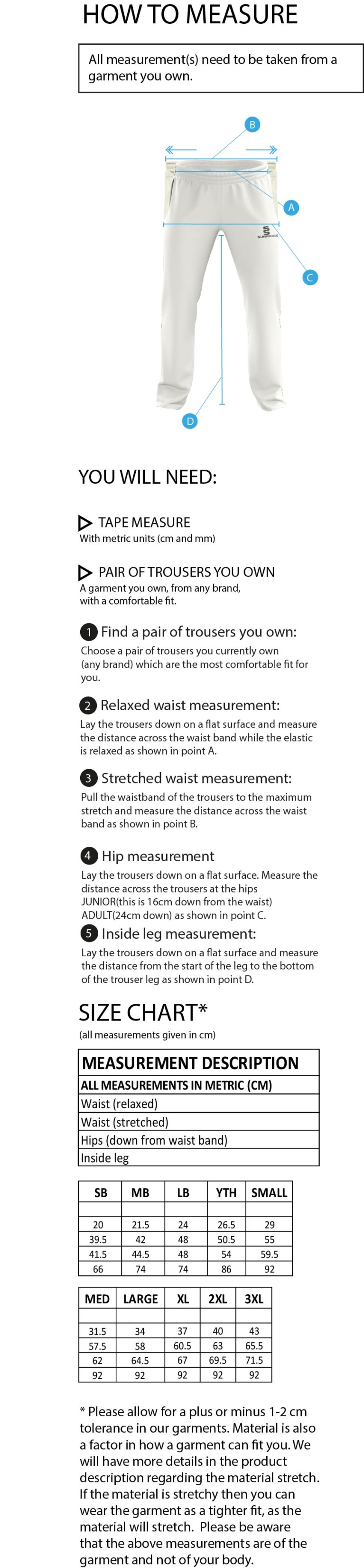 Buckie CC - Pro Playing Trouser - Size Guide